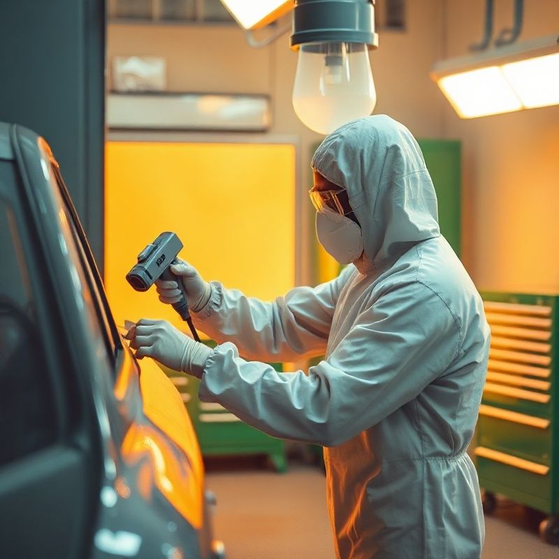 Pintor de carrocería aplicando pintura en cabina de temperatura controlada