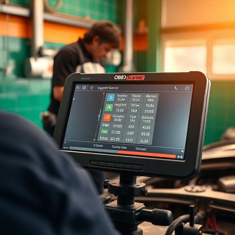 Pantalla de escáner OBD mostrando datos de diagnóstico en el taller