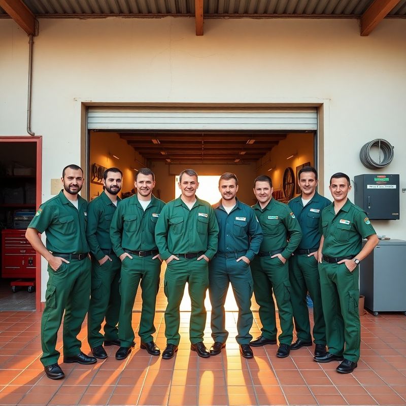 Equipo de seis mecánicos de Travelbridgez con uniforme verde en su taller de Murcia